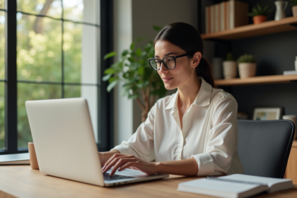 Femme en bureau moderne préparant des emails