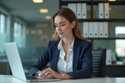 Femme professionnelle en blazer navy travaillant sur un ordinateur