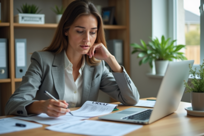 Femme concentrée dans son bureau moderne avec documents et ordinateur