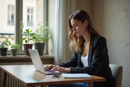Jeune femme au bureau à Paris avec ordinateur portable