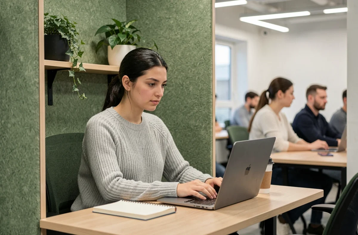 Jeune femme travaillant dans un espace de travail privatif d'un coworking à Évreux avec panneaux acoustiques