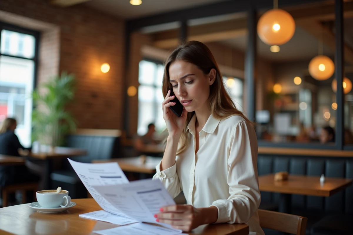 Femme au café consultant des documents financiers en parlant au téléphone