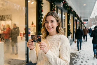 Femme souriante tenant une carte Shopping Pass devant une entrée de centre commercial décorée pour Noël