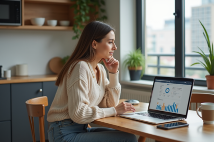Jeune femme détendue dans une cuisine moderne avec ordinateur portable