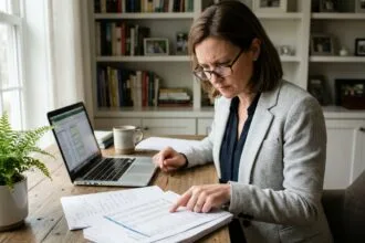 Femme comptable analysant des documents de trésorerie et de TVA sur un bureau en bois dans un bureau à domicile