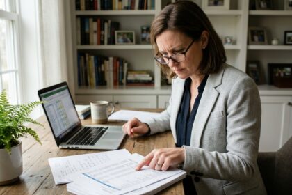 Femme comptable analysant des documents de trésorerie et de TVA sur un bureau en bois dans un bureau à domicile
