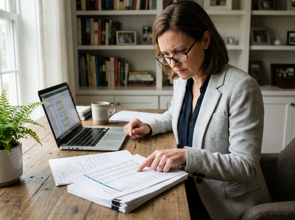 Femme comptable analysant des documents de trésorerie et de TVA sur un bureau en bois dans un bureau à domicile