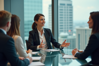 Femme confiante en réunion d'affaires en bureau moderne