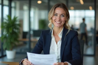 Femme confiante en bureau moderne avec CV en main
