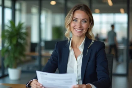 Femme confiante en bureau moderne avec CV en main