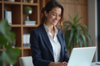 Femme confiante en recherche d emploi sur son ordinateur