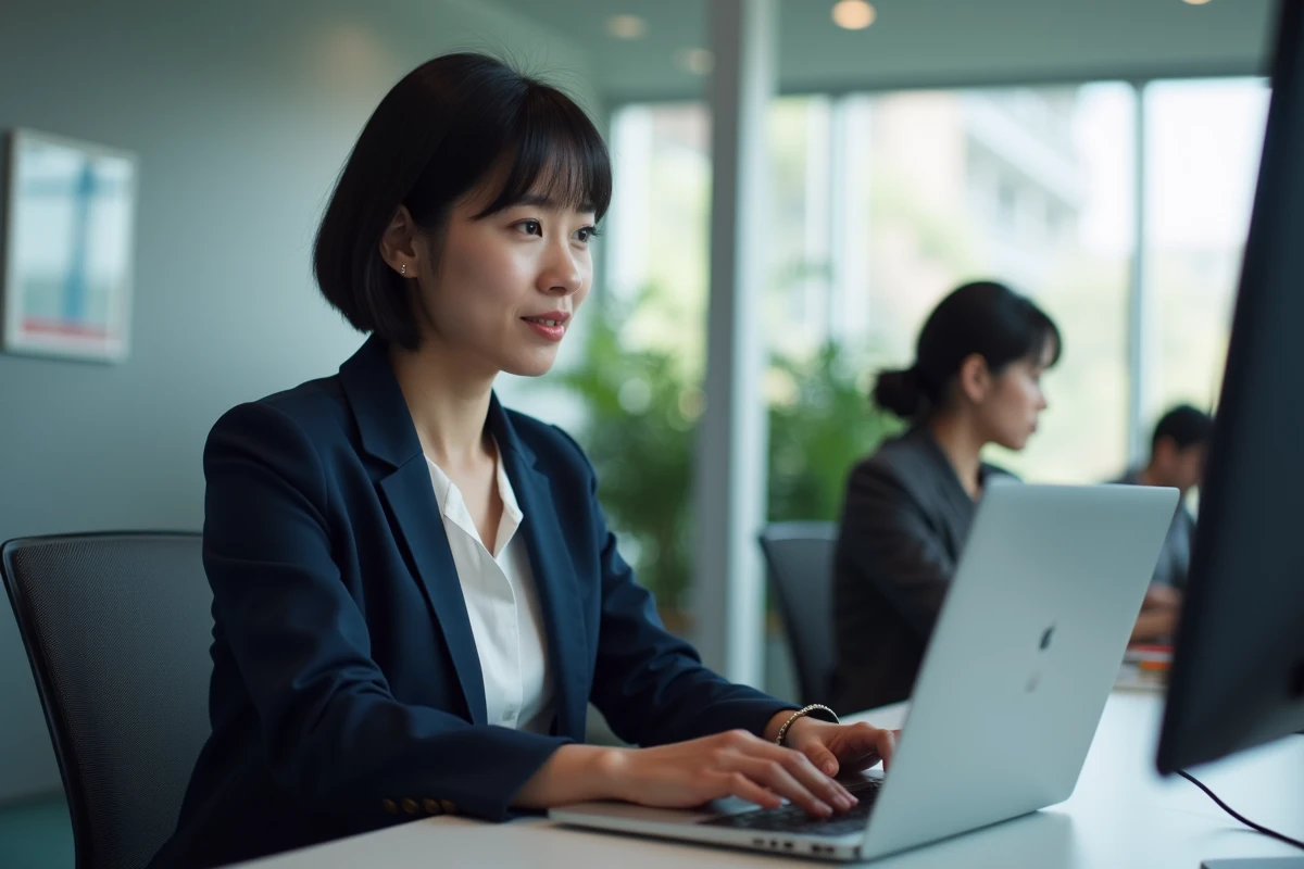 Femme professionnelle résolvant un problème de connexion sur un portail logiciel en entreprise