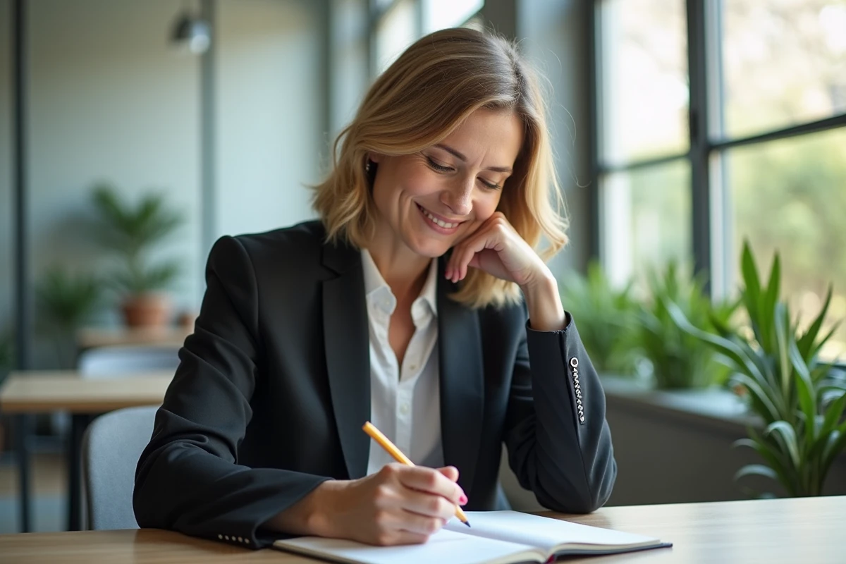 Femme consultante prenant des notes dans un espace de coworking