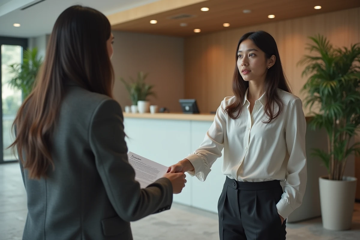 Jeune femme signant un contrat avec un responsable RH dans un hall