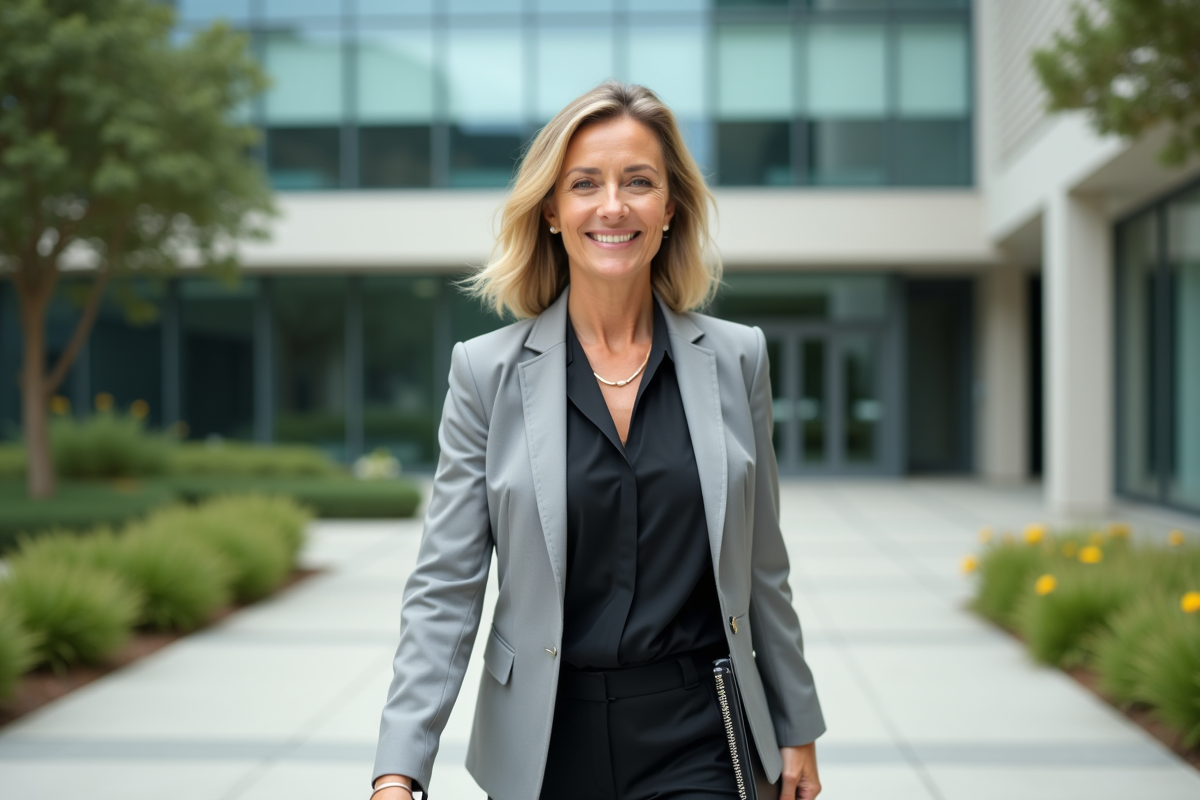 Femme professionnelle marchant dans un campus d
