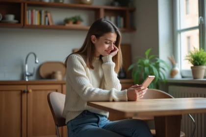 Jeune femme souriante avec smartphone dans un appartement cosy