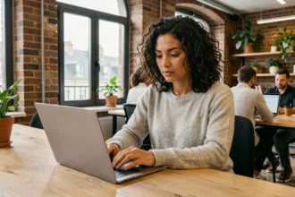 Femme travaillant dans un espace de coworking moderne à Dijon avec murs en briques apparentes et grandes fenêtres industrielles