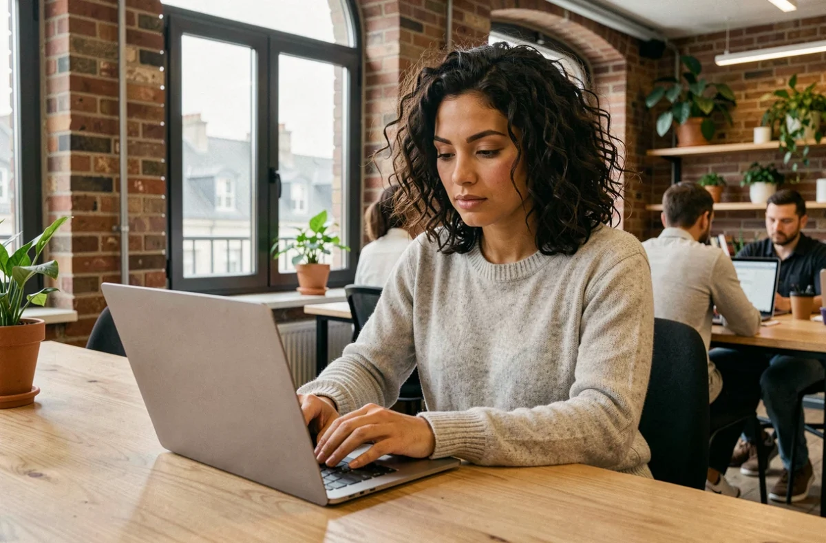 Femme travaillant dans un espace de coworking moderne à Dijon avec murs en briques apparentes et grandes fenêtres industrielles