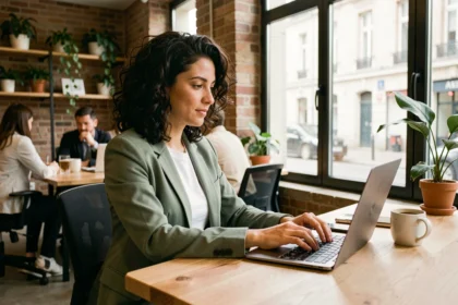 Femme travaillant dans un espace de coworking moderne à Reims avec ordinateur portable et café