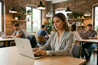 Femme travaillant dans un espace de coworking moderne à Vitrolles avec un laptop sur un bureau en bois partagé