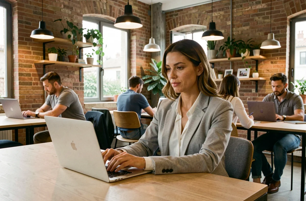 Femme travaillant dans un espace de coworking moderne à Vitrolles avec un laptop sur un bureau en bois partagé