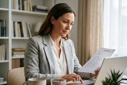 Femme consultant des documents bancaires sur ordinateur avant un changement de banque