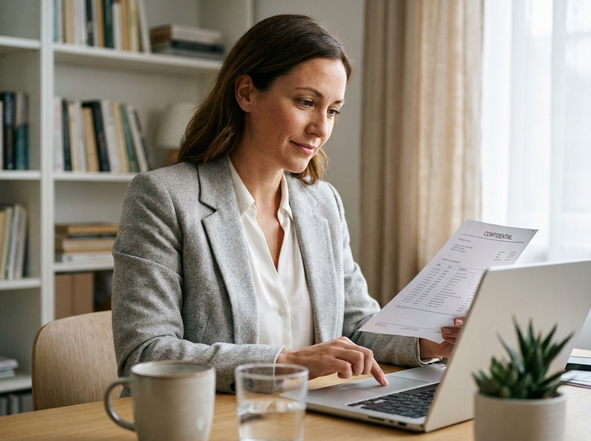 Femme consultant des documents bancaires sur ordinateur avant un changement de banque