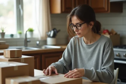 Femme travaillant à domicile en emballant des colis dans sa cuisine pour un complément de revenu