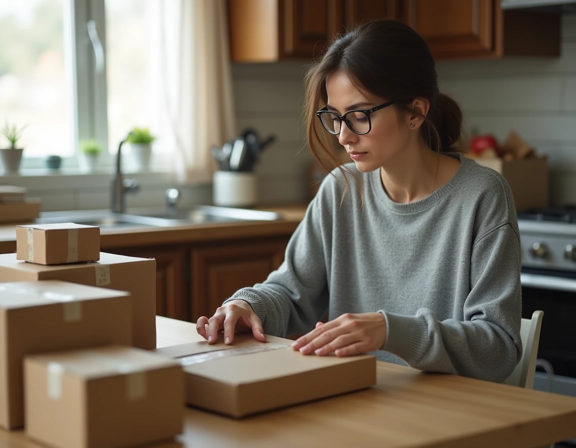 Femme travaillant à domicile en emballant des colis dans sa cuisine pour un complément de revenu
