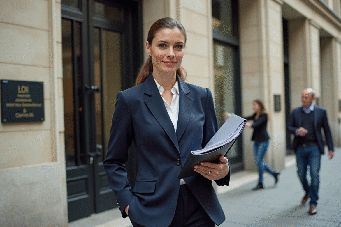 Femme française en costume navy discutant devant un bâtiment officiel