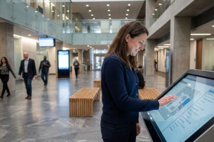 Femme souriante utilisant un kiosque digital dans une mairie moderne
