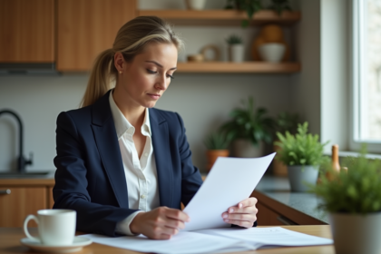 Femme d age moyen lit un document dans sa cuisine chaleureuse