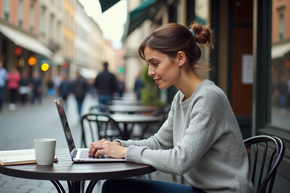 Femme travaillant sur un ordinateur dans un café lyonnais