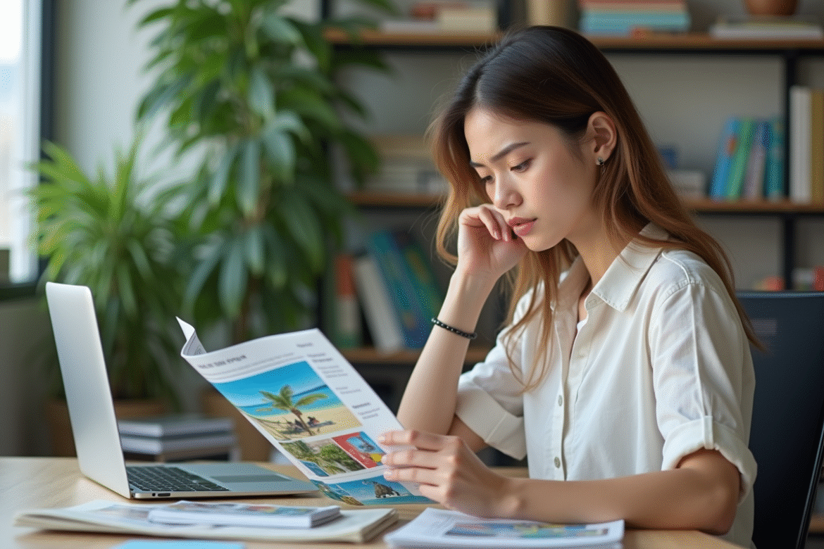 Jeune femme lisant un guide de voyage au bureau