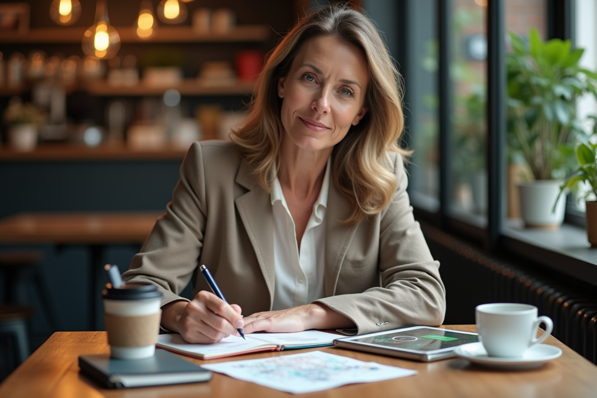 Femme marketing prenant des notes dans un café décontracté