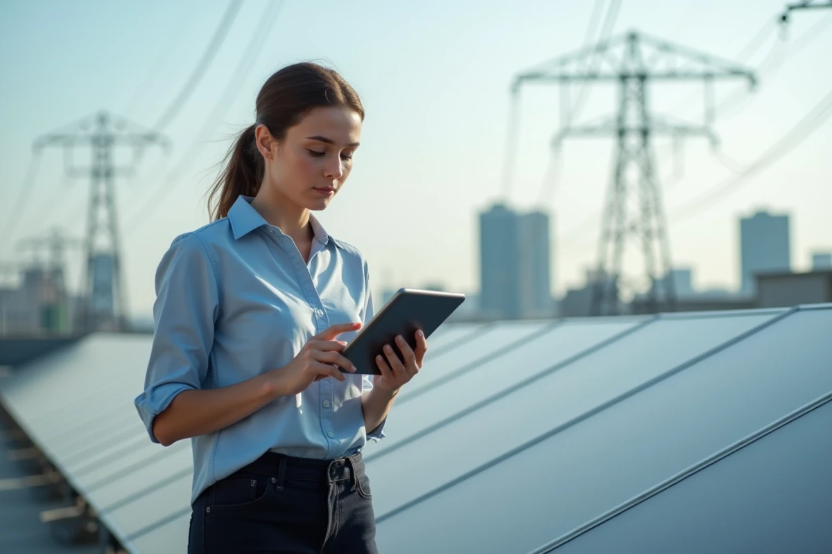 Jeune femme regardant un panneau solaire en ville