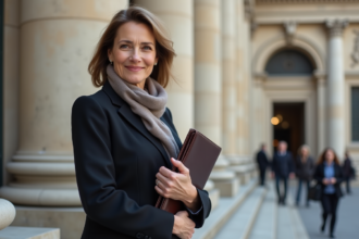 Femme politique française debout devant un bâtiment officiel