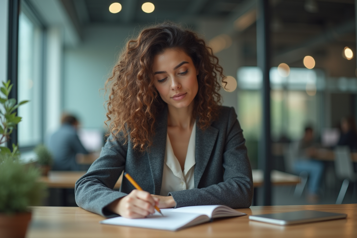 Femme professionnelle prenant des notes dans un bureau moderne