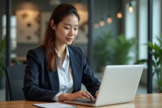 Femme professionnelle au bureau utilisant un portail client en ligne
