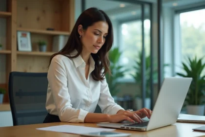 Femme professionnelle en réunion avec contrats numériques