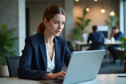 Femme professionnelle utilisant une interface d'IA conversationnelle sur son ordinateur portable dans un espace de coworking moderne