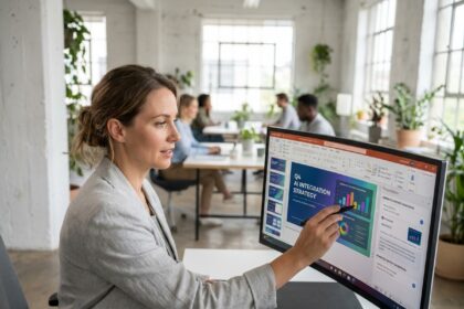Femme professionnelle utilisant un outil d'intelligence artificielle pour créer des présentations rapidement sur un grand écran dans un bureau moderne