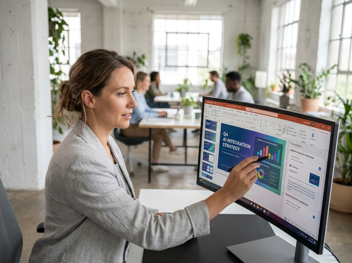 Femme professionnelle utilisant un outil d'intelligence artificielle pour créer des présentations rapidement sur un grand écran dans un bureau moderne