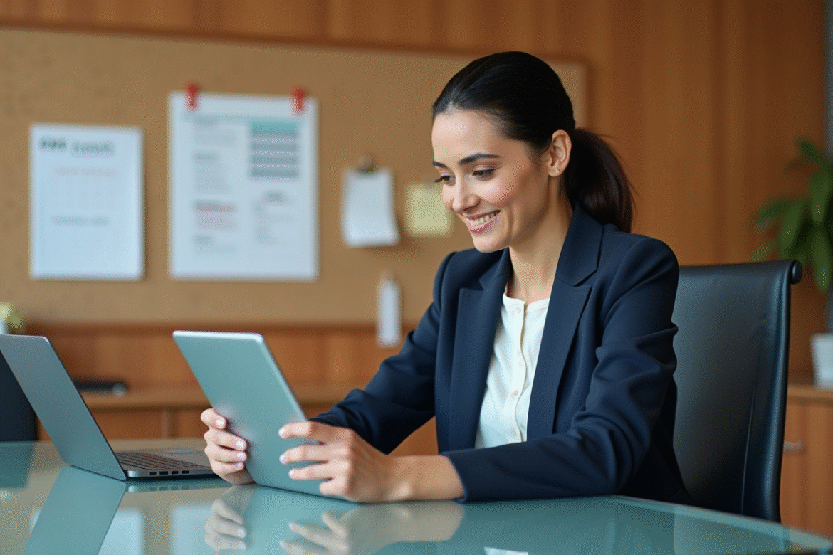 Femme professionnelle en bureau moderne avec tablette et extranet CIVC