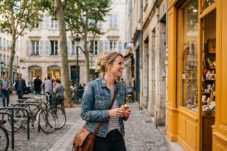 Femme souriante se promenant dans une ville française