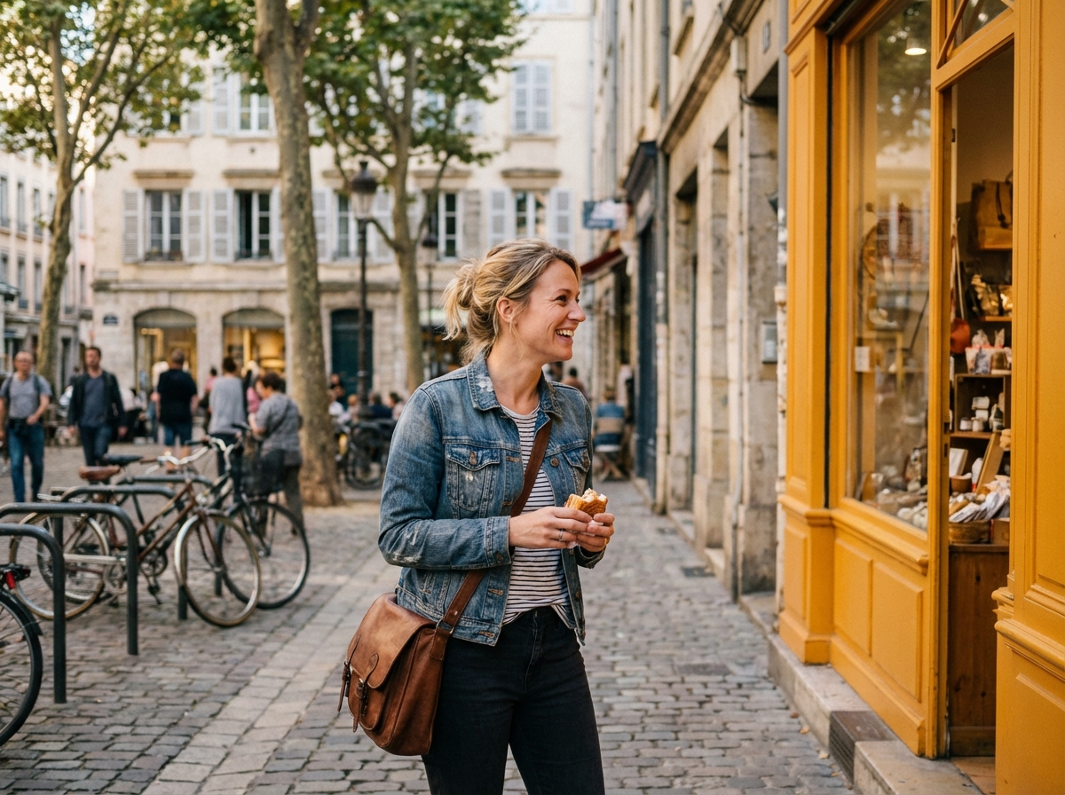 Femme souriante se promenant dans une ville française