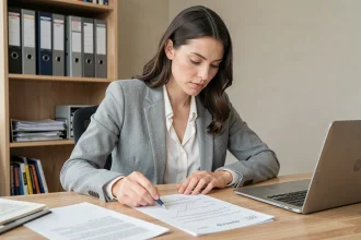 Femme consultant un document de classification ROME pour cibler sa recherche d'emploi depuis son bureau à domicile