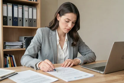 Femme consultant un document de classification ROME pour cibler sa recherche d'emploi depuis son bureau à domicile