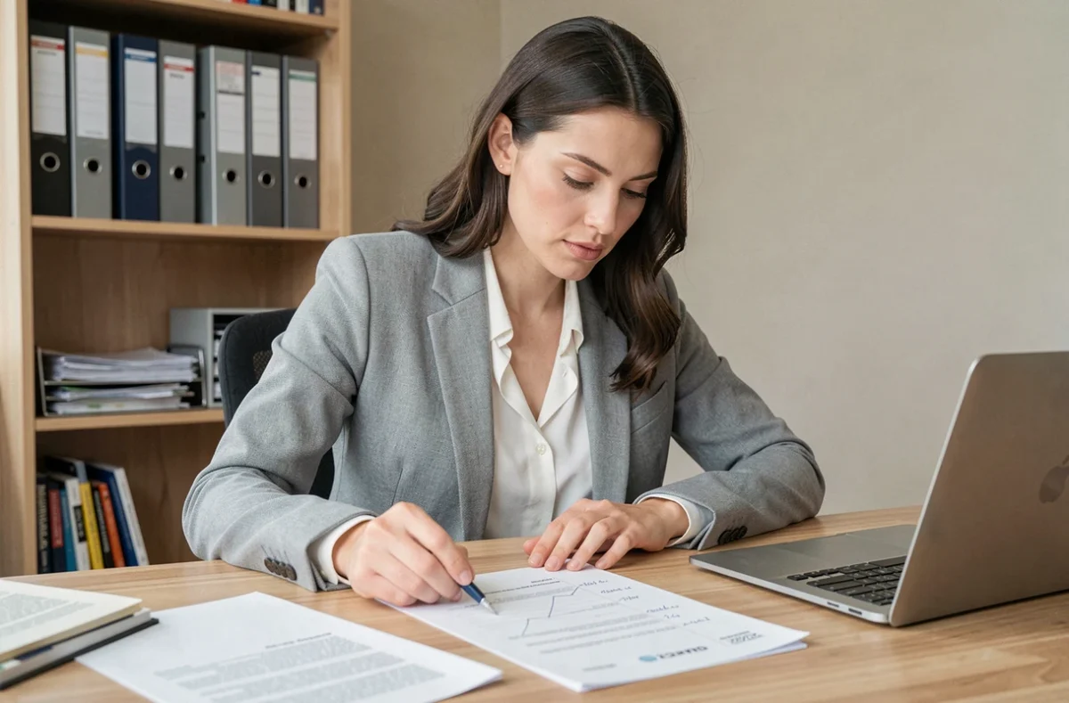 Femme consultant un document de classification ROME pour cibler sa recherche d'emploi depuis son bureau à domicile