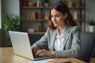 Femme consultant un site d'offres d'emploi spécialisé sur son ordinateur portable dans un bureau à domicile moderne